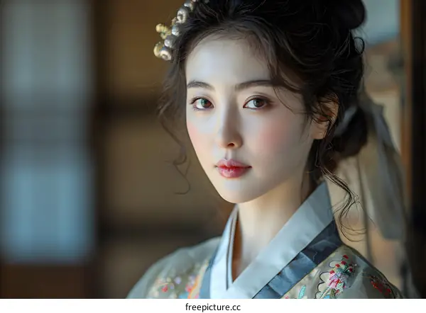 Portrait of a beautiful Asian woman in traditional Korean dress, hanbok