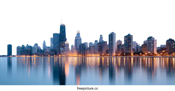 [Transparent Background PNG]Chicago Skyline at Dawn Reflections on Lake Michigan