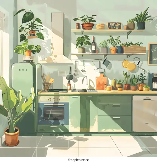 Green Kitchen with Plants and Sunlight