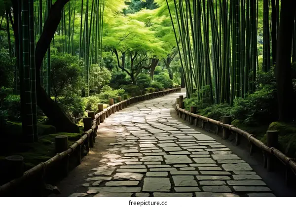 Serene Stone Path Through Bamboo Forest