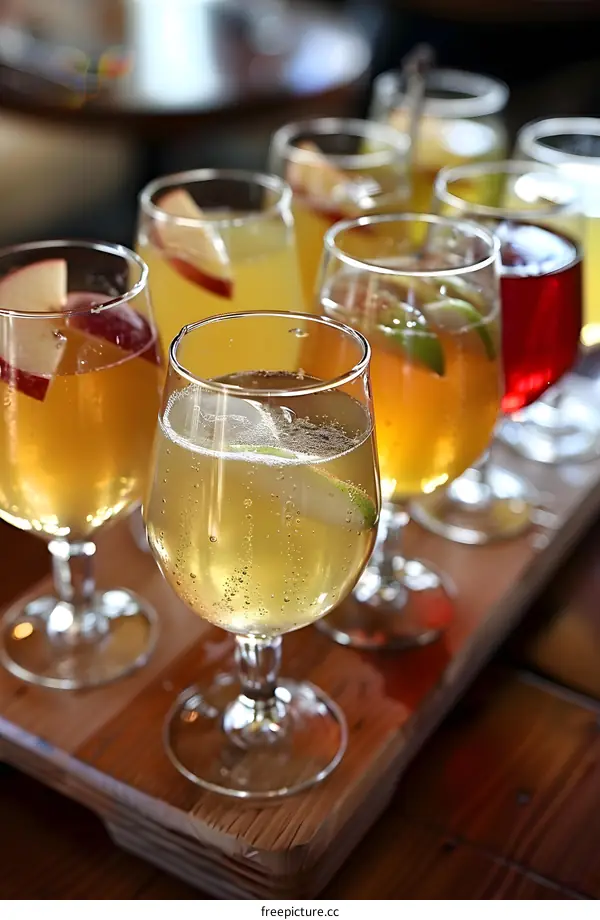 Variety of Refreshing Alcoholic Beverages in Clear Glasses on Wooden Board