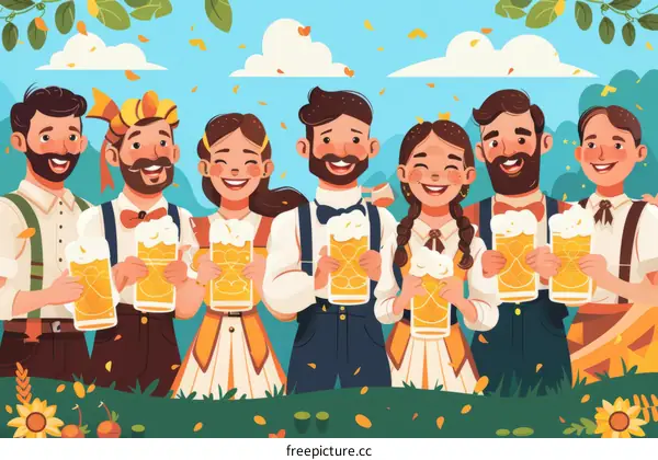 Smiling People Celebrating Oktoberfest with Beer and Food