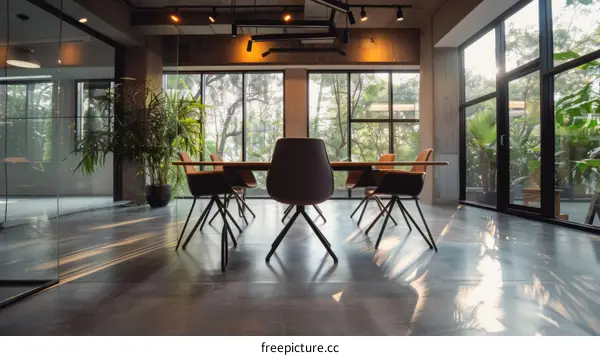 Modern Office Interior with Large Windows and Wooden Conference Table