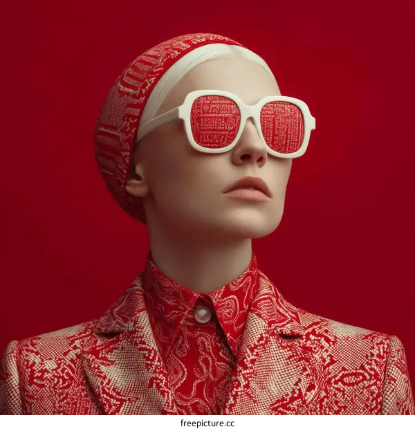 Fashionable Woman in Red Outfit with White Sunglasses