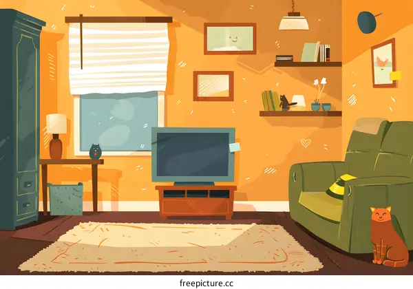 Cartoon Illustration Of A Cozy Living Room With A Couch, TV, And Cat