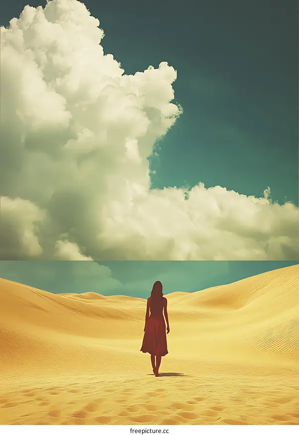 Woman in Red Dress Walking Across Desert Landscape