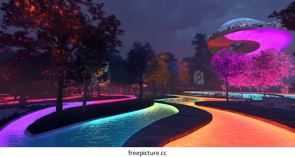 Nighttime View of a Futuristic Garden with Illuminated Water Features and a Flying Saucer Shaped Structure