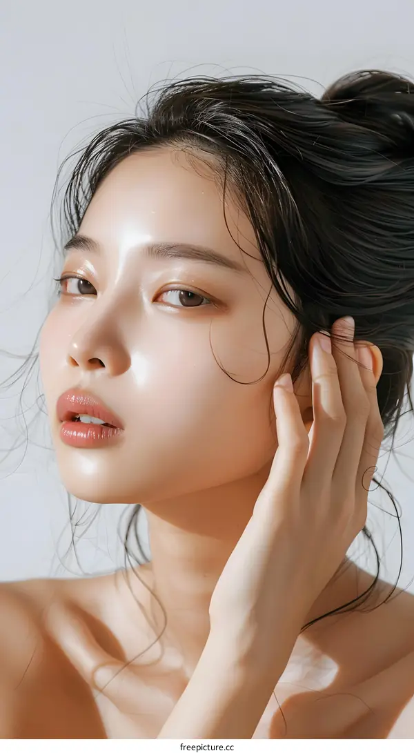 Beautiful Asian Woman with Wet Hair Looking Away