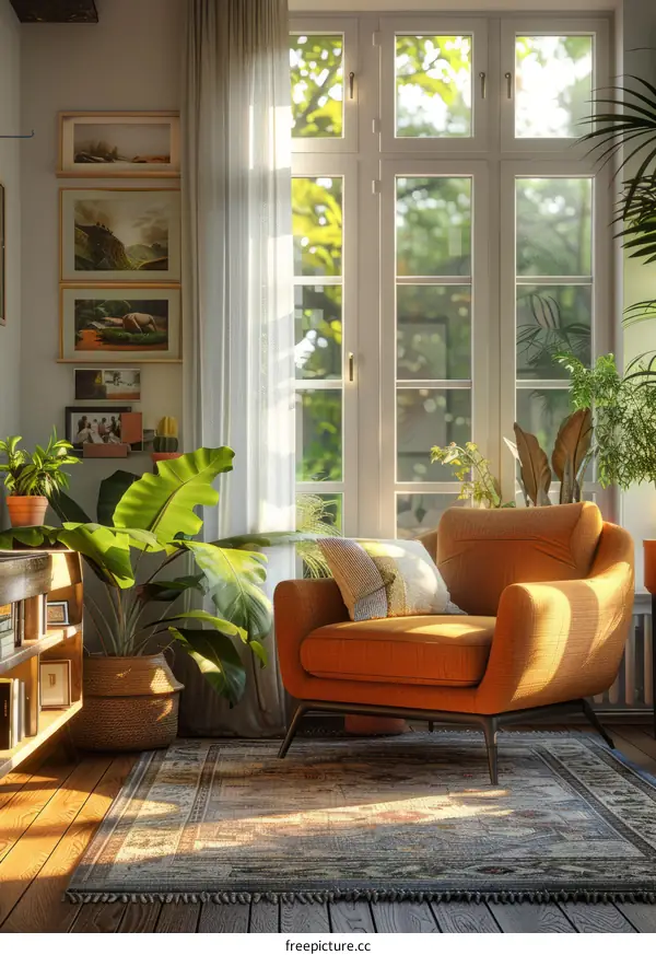 A cozy living room with a large window, a comfortable armchair, and many plants
