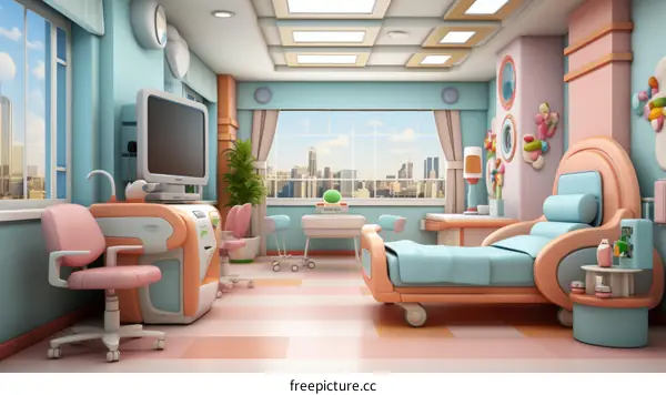 A brightly colored hospital room with a bed, TV, and other medical equipment