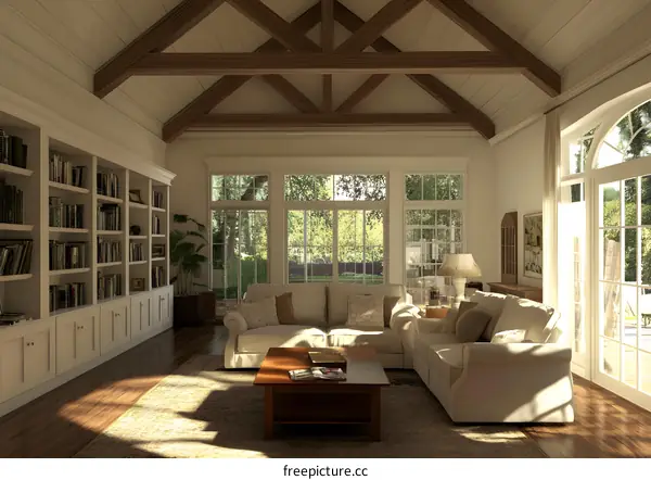 Modern Living Room With Large Windows And Wooden Beams