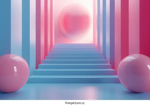 3D Rendering of a Pink and Blue Pastel Colored Hallway Leading Upstairs