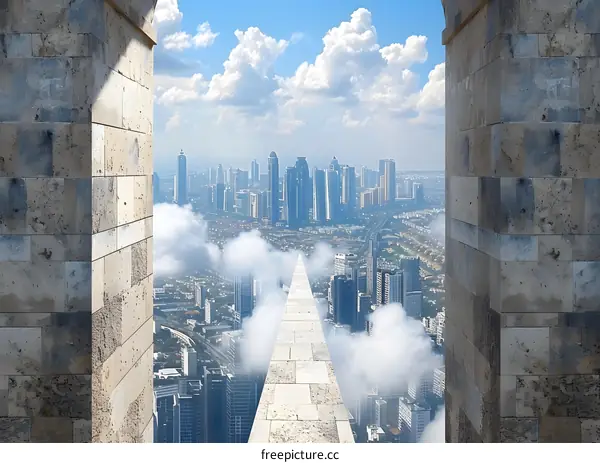 Cityscape Through Stone Archway