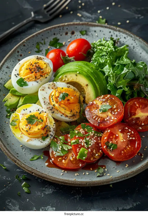 Healthy and delicious breakfast with boiled eggs, avocado, tomatoes, and mixed greens