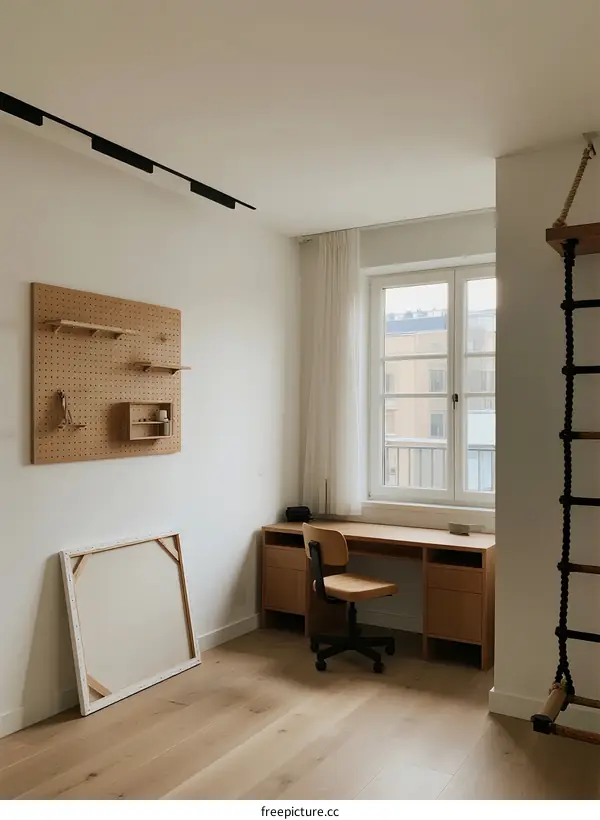 Modern minimalist home office with wooden desk and pegboard