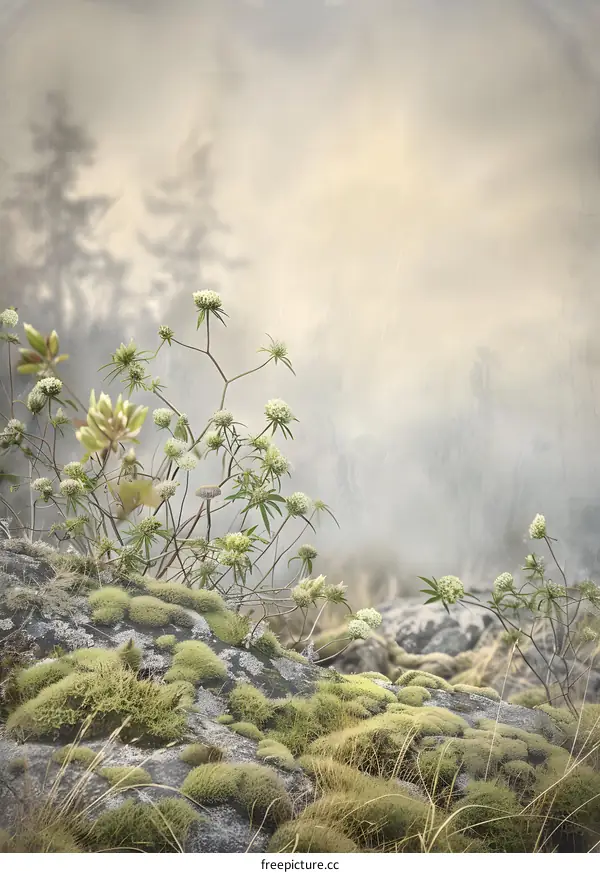 White Flowers Blooming on Green Moss Covered Rocks