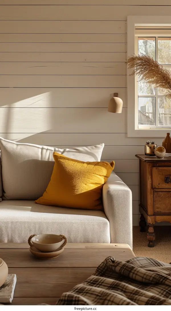A cozy living room with a mustard yellow pillow