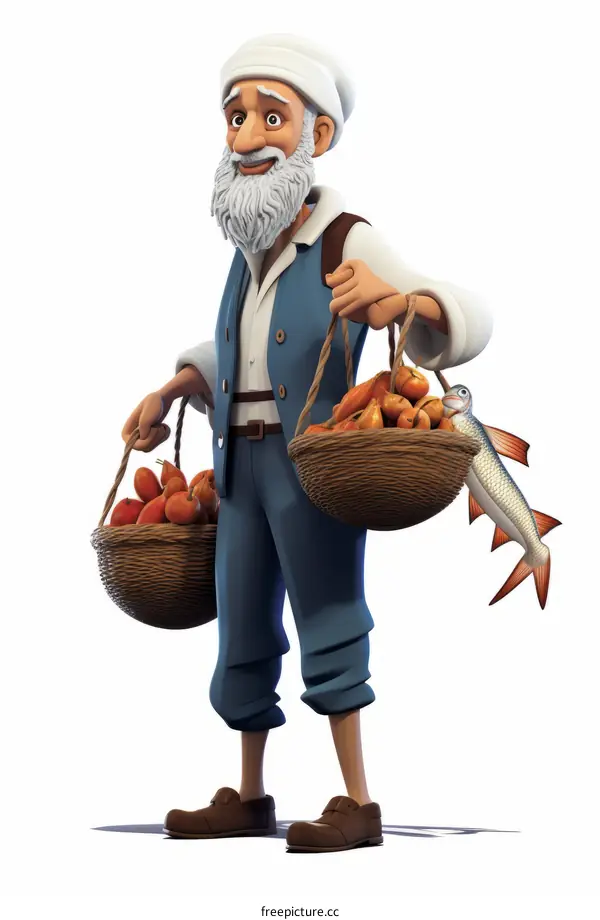 An old bearded man carries food in baskets