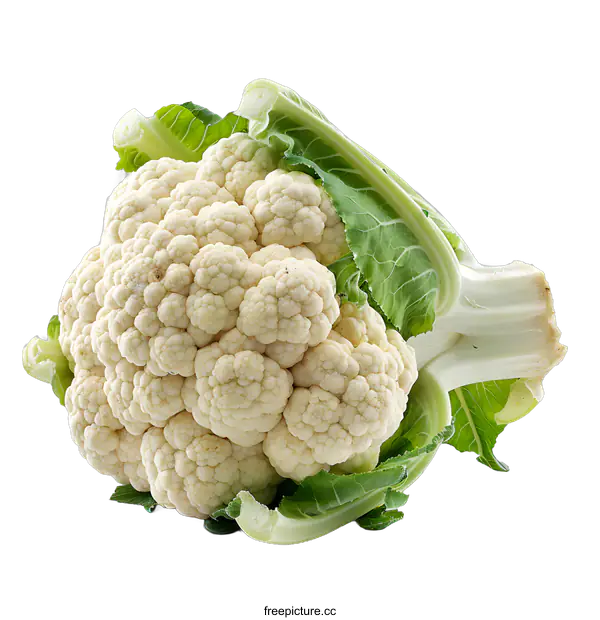 [Transparent Background PNG]Fresh White Cauliflower with Green Leaves Isolated on White Background
