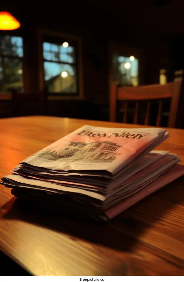 A stack of newspapers on a wooden table
