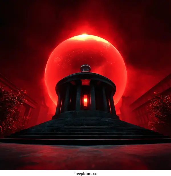 Red Orb Above Ancient Monumental Structure