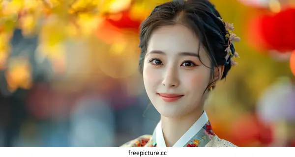 Portrait of a Beautiful Asian Woman in Traditional Korean Hanbok