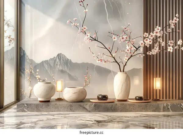Elegant Interior Scene with Cherry Blossoms and Mountains