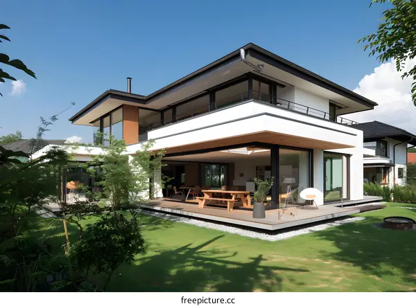 Modern White House with Large Patio and Green Grass