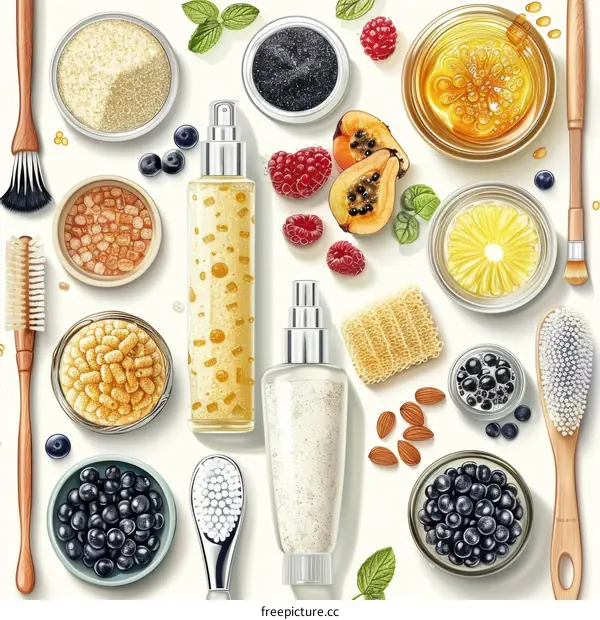 Natural skincare ingredients with cosmetic bottles