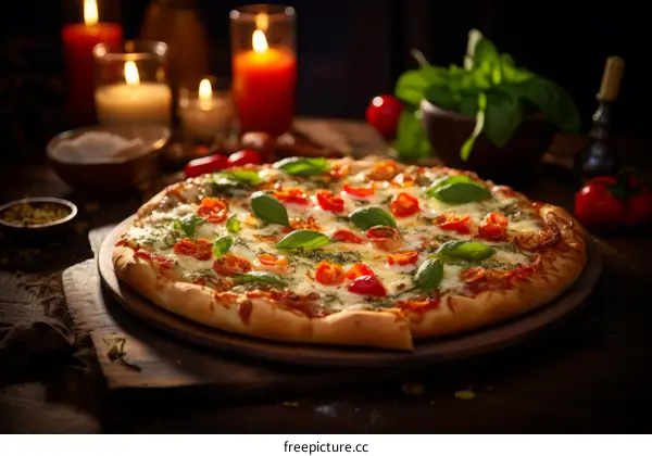 Pizza with basil, tomatoes and cheese on a wooden table