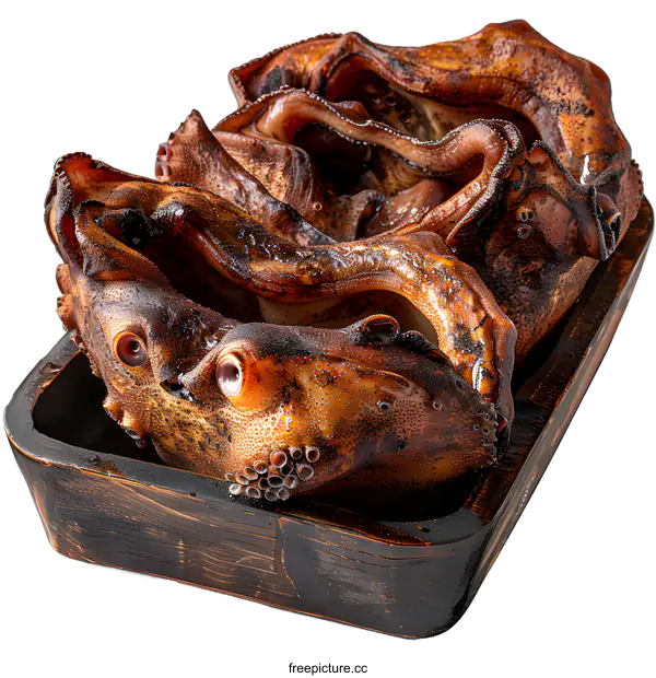 [Transparent Background PNG]Smoked octopus in a wooden bowl