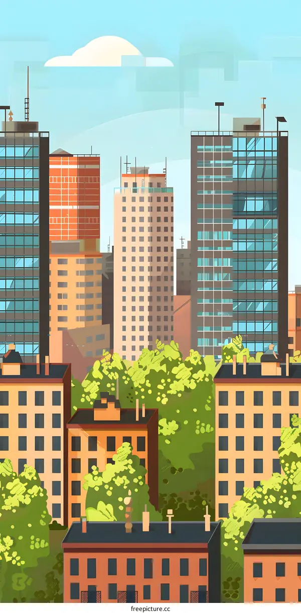 Cityscape Illustration with Buildings and Trees