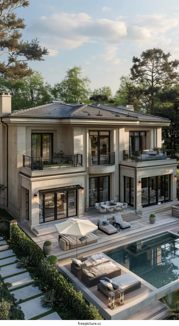 Luxury Mansion Exterior with Pool and Patio