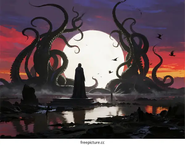Mysterious figure standing before giant tentacled creatures under full moon