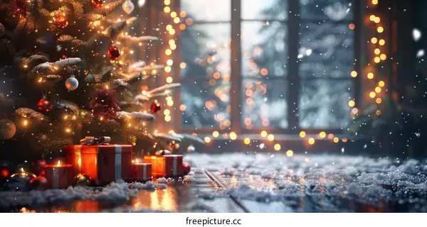 Cozy Christmas Living Room with Decorated Tree and Presents