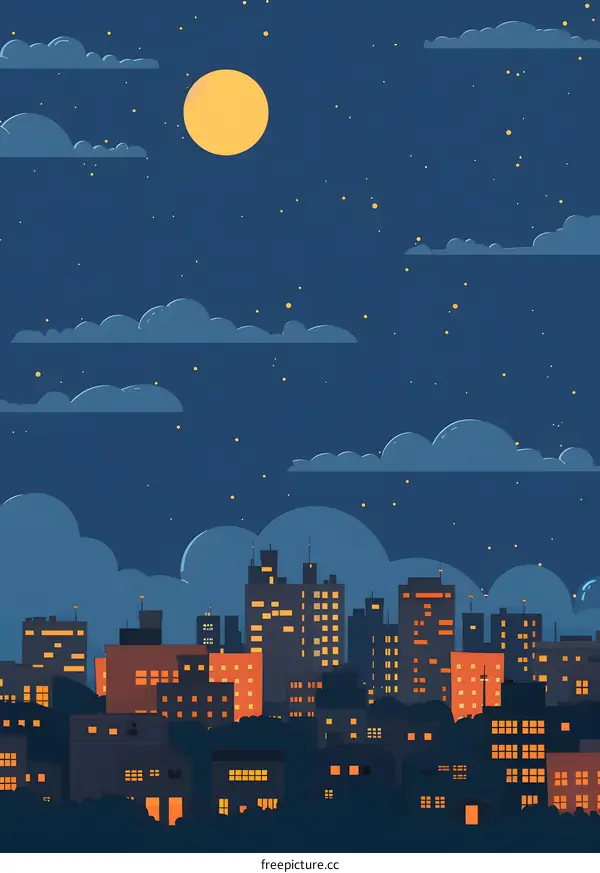 Nighttime Cityscape with Moon and Stars
