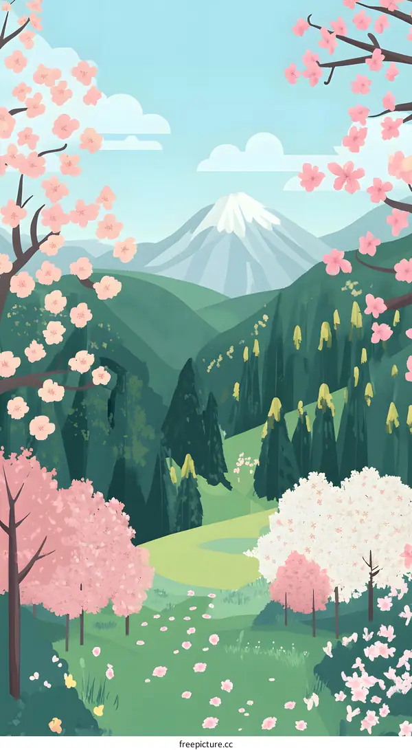 Spring Landscape with Cherry Blossoms and Mountain
