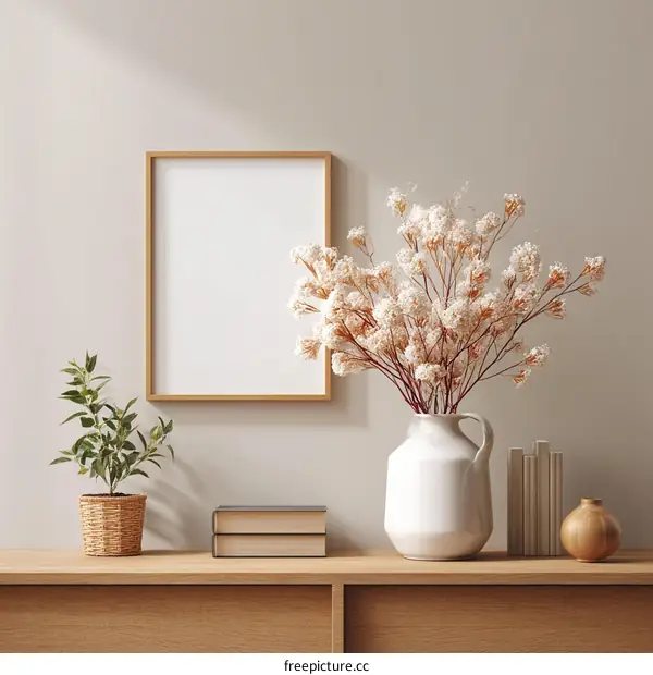 Modern Minimalist Home Decor Mockup with Frame and Flowers
