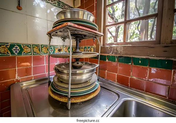 Vintage Kitchen Sink with Stack of Dishes