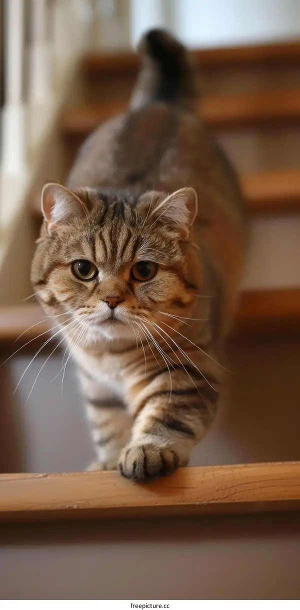A Cute Tabby Cat Walking Down a Wooden Staircase