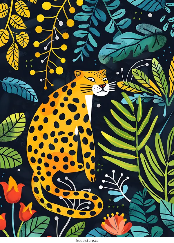 Jungle Leopard with Colorful Flowers Illustration