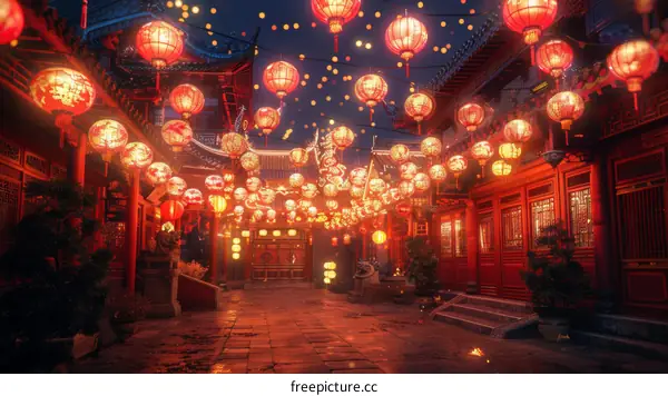 Red Lanterns Illuminate Chinese Courtyard During Lantern Festival