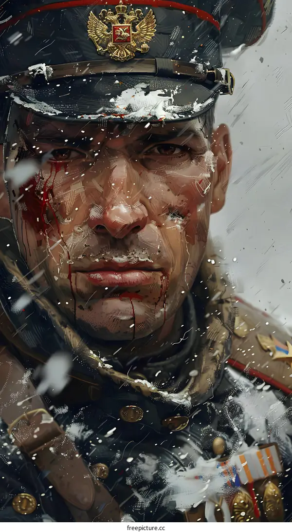 Portrait of a Russian soldier in a snowy forest
