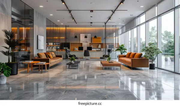 Modern office interior with stylish furniture and large windows