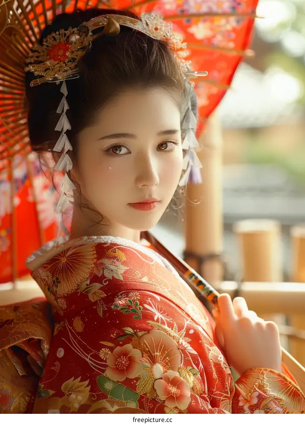 Beautiful Woman in Traditional Japanese Kimono