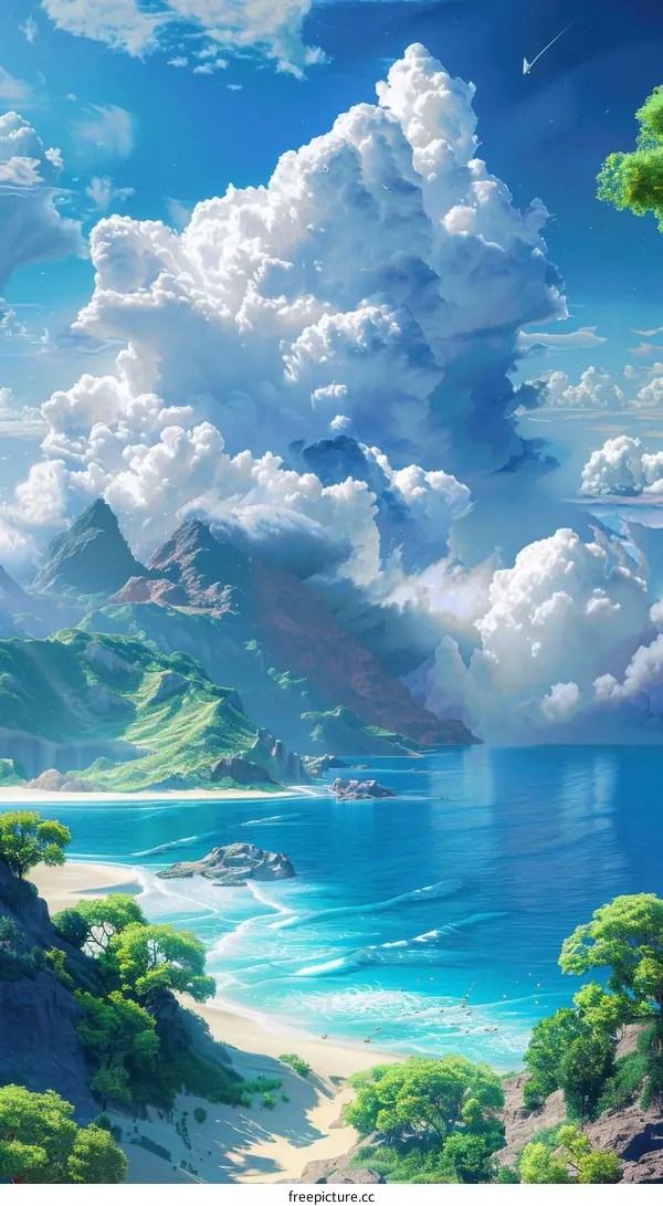 Azure Sea, Blue Sky, Verdant Trees, and Pristine Clouds