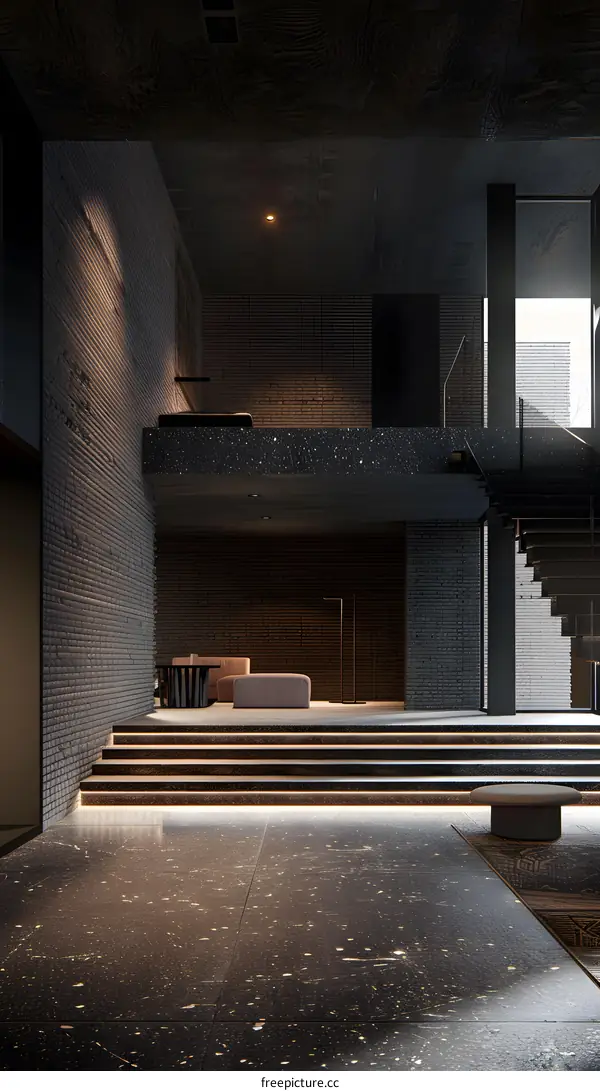 Modern Interior Design with Black Brick Walls and Terrazzo Floor