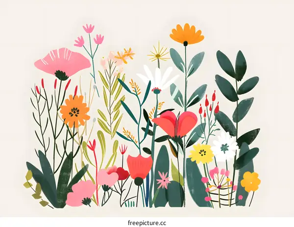 Colorful Floral Illustration, Blooming Flowers, Garden Art
