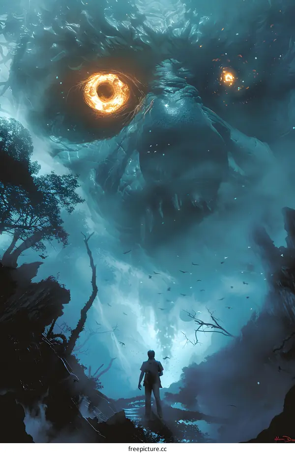 man looking up at giant monster