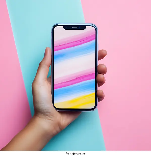 Hand Holding Smartphone with Colorful Abstract Background